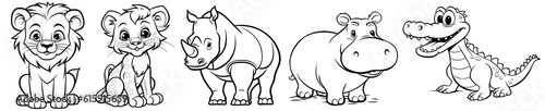 African cute animals - Lion, Cheetah, Hippo, Crocodile and Rhino, simple thick lines kids or children cartoon coloring book pages. Clean drawing can be vectorized to illustration easily. Generative AI