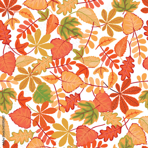 
Fall of the leaf seamless pattern.Different types of foliage in autumn colors are arranged randomly.Colorful background or texture for printing on fabric and paper.Vector cartoon illustration on whit