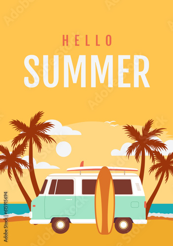 Retro mini van with a surfboard on the tropical beach vector illustration. Summer seaside landscape with palms design background. Book cover, wall art, travel poster, social media