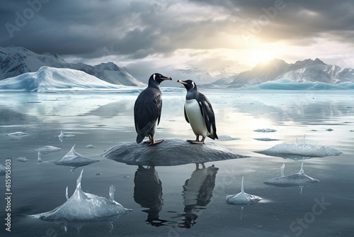 Two penguins stand on melting ice in Arctic Ocean at dusk at sunset, global warming concept, world global planet climate change. Two cute emperor penguins confused by ice melting. Generative AI