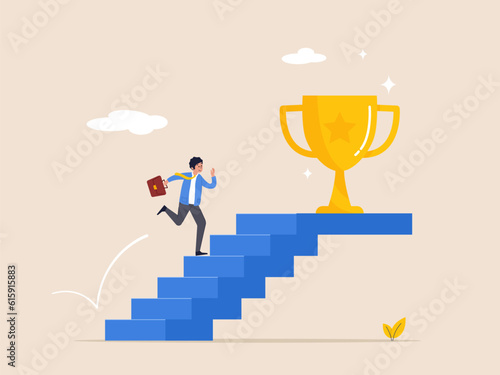 Career development concept. Take small steps to achieve big goal, growing wisely slow and steady to reach target and achieve success, confidence businessman take slow small stair steps to reach goal.