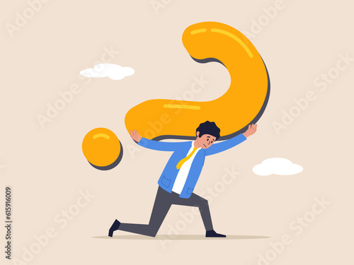Doubtful or stress burden concept. Hard question with no answer or solution, critical business problem, frustrated tried businessman carrying heavy big question mark sign burden.