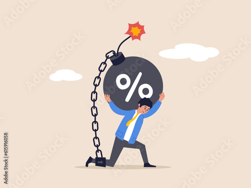 Economic recession concept. Debt burden risk from high interest rate, FED or federal reserved rate hike cause heavy loan or mortgage payment, businessman carry heavy percentage interest rate burden.