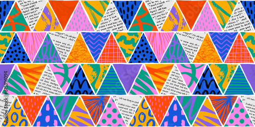 Colorful triangle seamless pattern with collage art texture. Modern contemporary art background, triangles geometric shape hand drawn print, maximalist patchwork paint wallpaper.