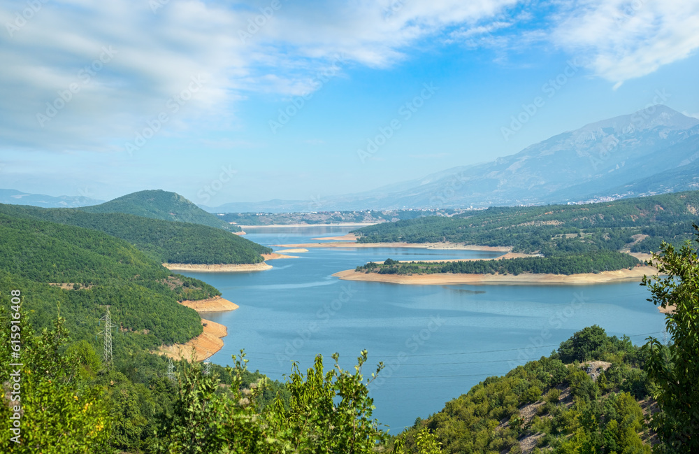 Debar lake summer countryside landscape with mountains background. North Macedonia not far from Debar Town, Europe.