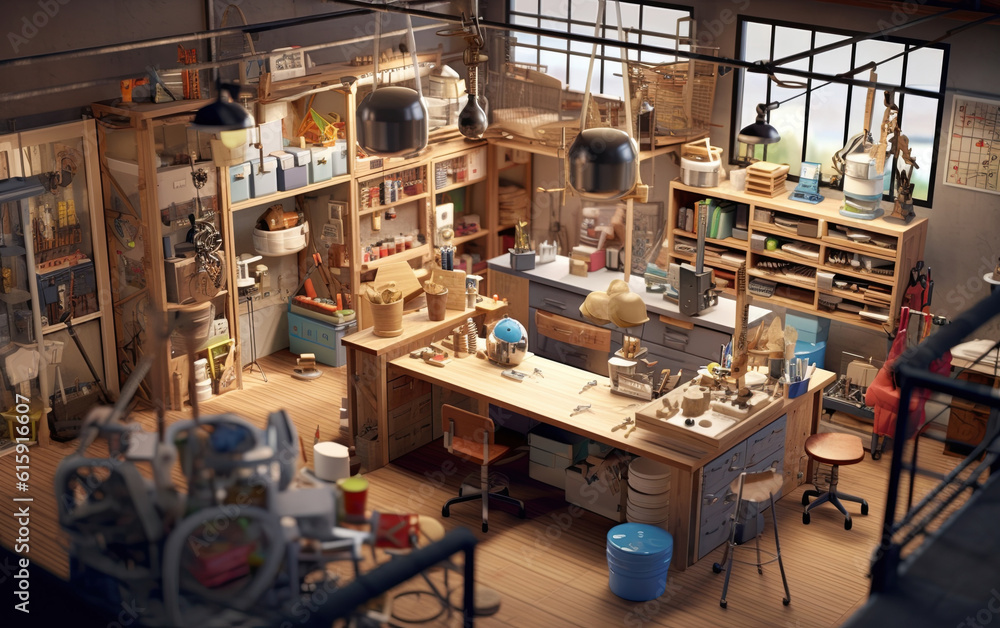 Miniature model of a DIY workshop with carpentry tools and woodworking accessories. Generative AI