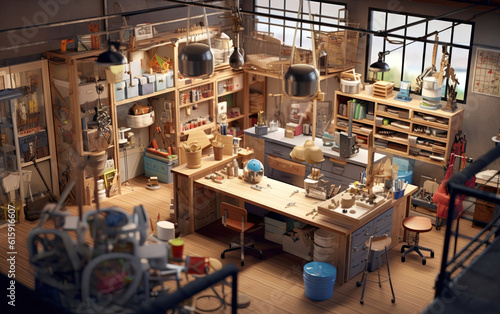 Miniature model of a DIY workshop with carpentry tools and woodworking accessories. Generative AI © Joe P