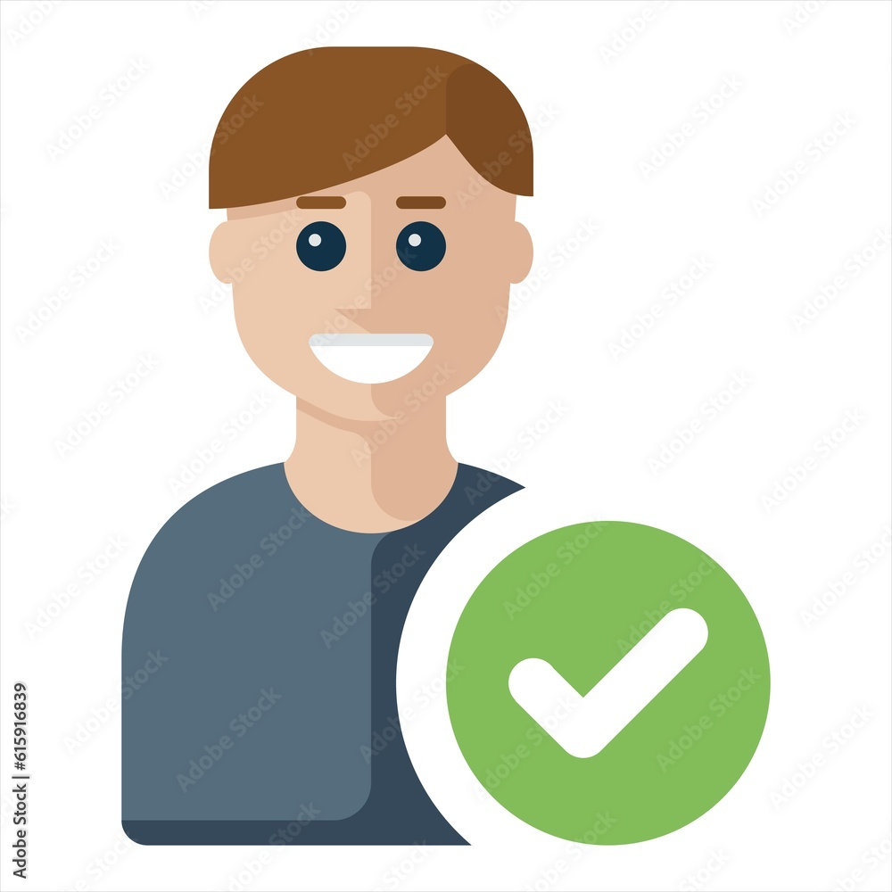 User Checked icon. vector graphics designs.Valid User vector flat icon. Human face has glad mood. User Checked icon. vector graphics designs.Valid User vector flat icon. Human face has glad mood.