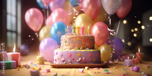 Festive pink two-story cake with candles and balloons. Created with generative AI tools