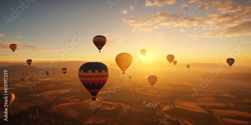 Many hot air balloons with tourists are flying over the fields at dawn. Tourist entertainment. Created with generative AI tools