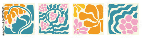 Matisse Naive Poster Set. Abstract Groovy Flowers in Hippie 1970 style. Floral Vector Illustration in Pink, Green and Orange Colors. Backgrounds for T-Shirts, Wallpaper, Case Phone.