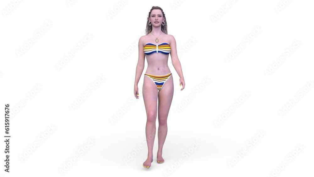 歩くビキニ姿の女性