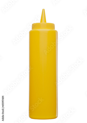 Classic plastic container with mustard on white background