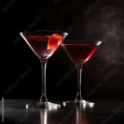  Two Cosmopolitan Cocktails in martini glass garnished with lime twist on a modern dark black background, futuristic, bokeh, shadows, banner, summer aperitif, AI Generated.