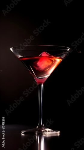Cosmopolitan Cocktail in martini glass garnished with lime twist on a dark black modern club background, bokeh, shadows, futuristic, banner, summer aperitif, AI Generated.