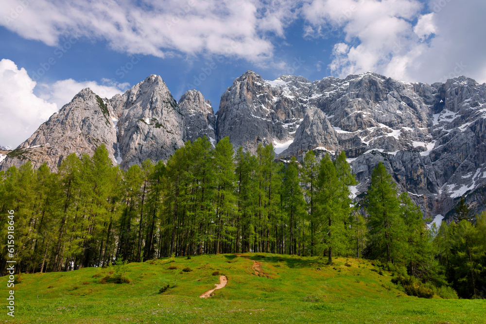 Spring landscape in the Triglav National Park. Breathtaking peaks of the Julian Alps. Triglav National Park, Slovenia, Europe
