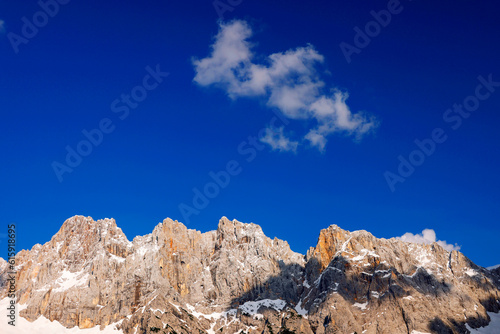 Amazing spring landscape of Skrlatica Peak (2740m) in the Julian Alps, Triglav National Park, Slovenia