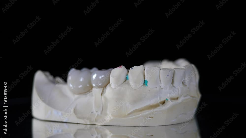 Jaw model with dental crowns, rotating on black background. Dental
