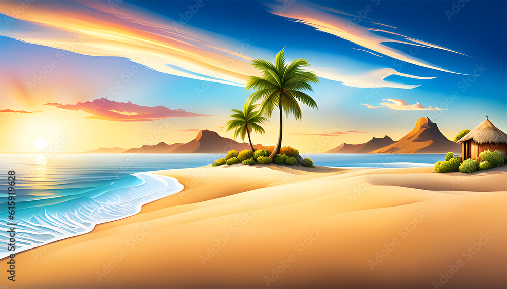 Beach and ocean landscape by sunset - Generative AI
