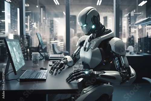Robot working at a computer. Maschine typing on keyboard in office. IT team of future. Futuristic worker. Humanoid work at call center. Support job. Selling concept. Generative AI