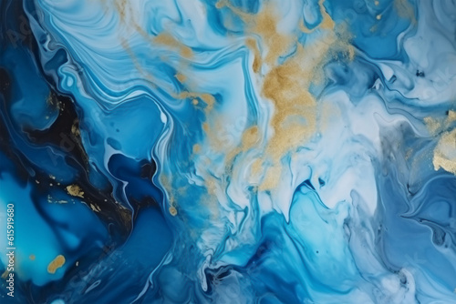 Abstract blue, gold and white alcohol ink art background. 