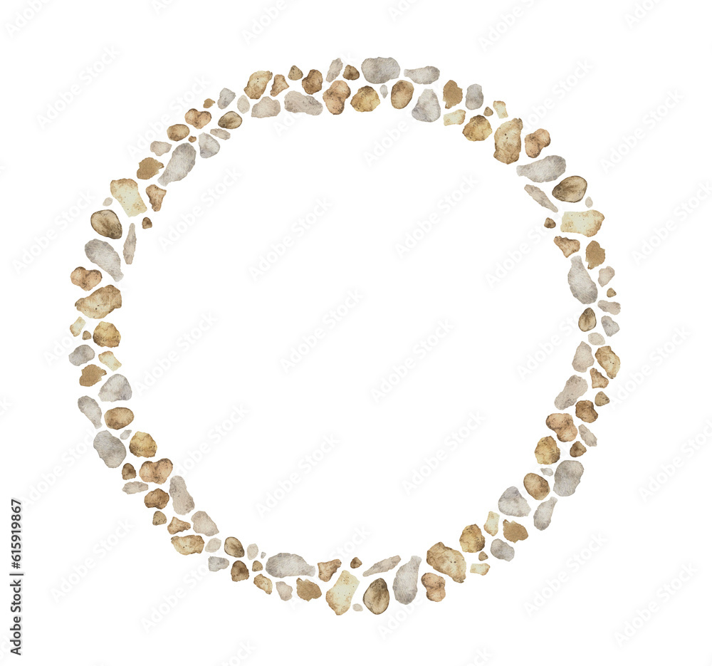 Hand drawn watercolor frame made of brown, beige, gray, stone . Round frame with copy space mock up. design element. Garden manor barrier illustration, architecture outdoor design element.