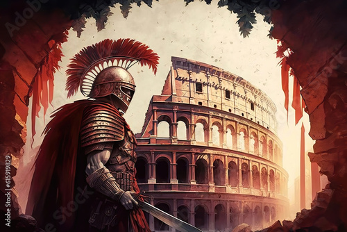 Colosseum and gladiator, illustration generative AI