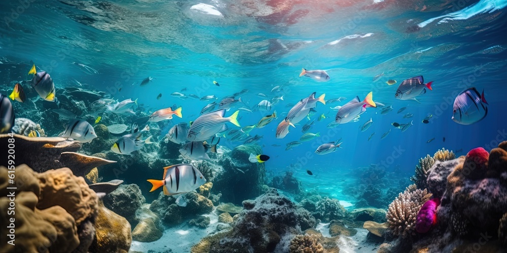 flock of fishes in a tropical sea through the coral reefs