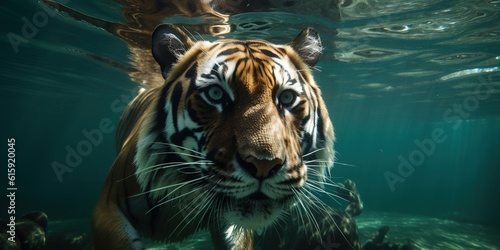 muzzle of wild tiger swimming in the water