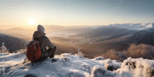 lonely Backpacker sitting at the top of snowy mountain