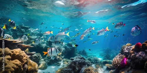 flock of fishes in a tropical sea through the coral reefs