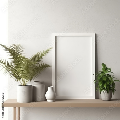 Scandinavian room interior with mock up photo frame on the brown bamboo shelf with beautiful plants in differents hipster and design pots. White walls. Modern and floral concept of shelfs.