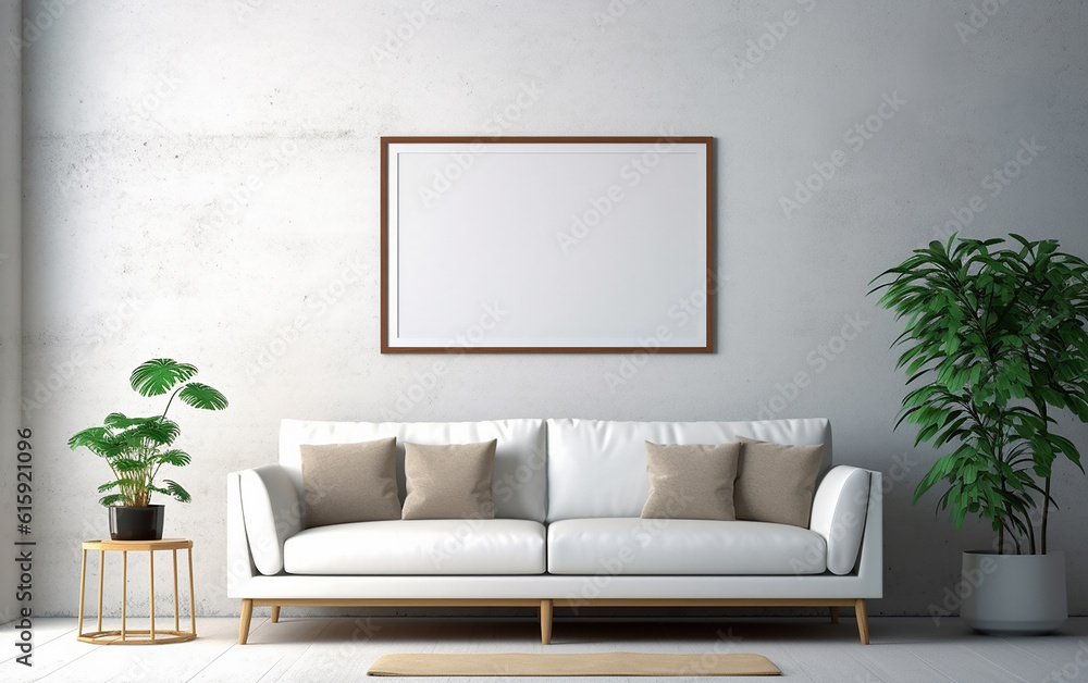 A white picture frame was suspended above the sofa. Generative AI A white picture frame was suspended above the sofa. Generative AI