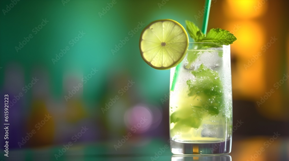 Mojito cocktail on modern colorful background with hard shadows, sunlight, summer concept. Close-up. Generative Ai content Mojito cocktail on modern colorful background with hard shadows, sunlight, summer concept. Close-up. Generative Ai content