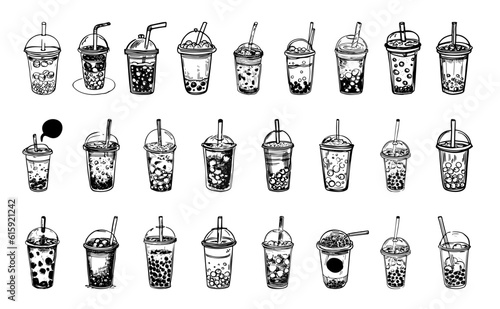Collection of Bubble Milk Tea with tapioca pearls, isolated on white background. Hand drawn vector illustration. Asian Taiwanese drink. 