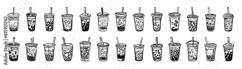 Collection of Bubble Milk Tea with tapioca pearls, isolated on white background. Hand drawn vector illustration. Asian Taiwanese drink. 