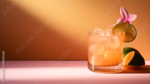 Cold mai tai cocktail with lime on a modern pastel pink and orange background, bright direct lighting, tropical shadows, AI Generated.