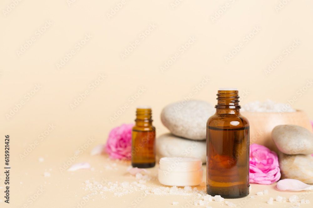 Spa composition with pink roses on wooden table Spa composition with pink roses on wooden table