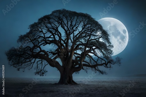 A majestic banyan tree in the night sky with moon at its background