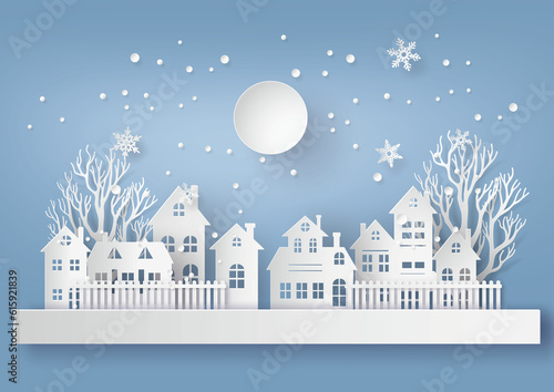 Winter Snow Urban Countryside Landscape City Village with full moon,Happy new year and Merry Christmas,paper art and craft style.