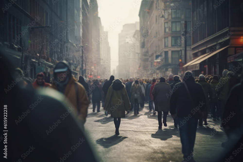 Anonymous crowd of people walking on city street  . Generative AI