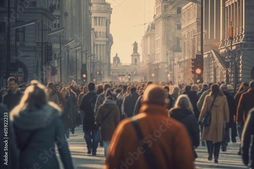 Anonymous crowd of people walking on city street . Generative AI