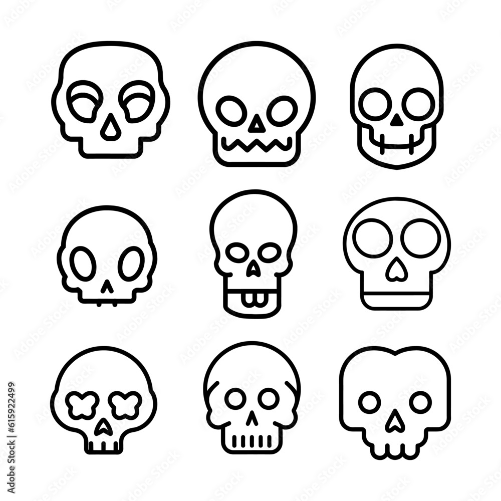 Obraz premium Skull in doodle style, stock vector illustration, black outline isolated on white background, Halloween, funny, optical, icon