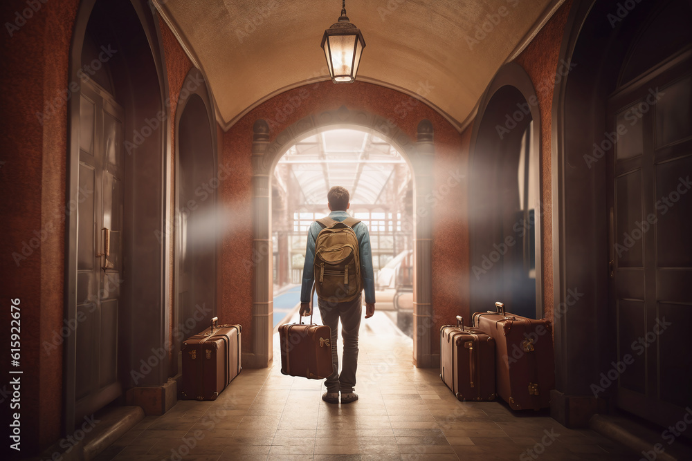 Male is carrying luggage in hall before trip. Generative AI Male is carrying luggage in hall before trip. Generative AI