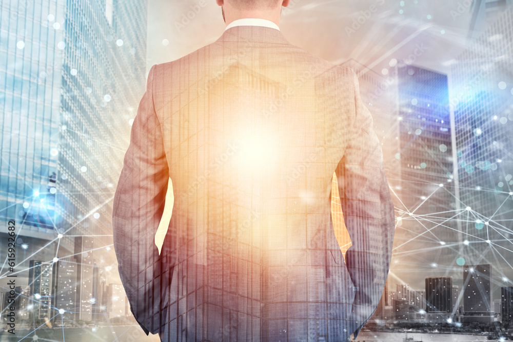 Businessman looks far for the future. internet network effect on background. Businessman looks far for the future. internet network effect on background.