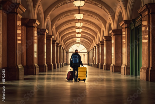 Male is carrying luggage in hall before trip. Generative AI