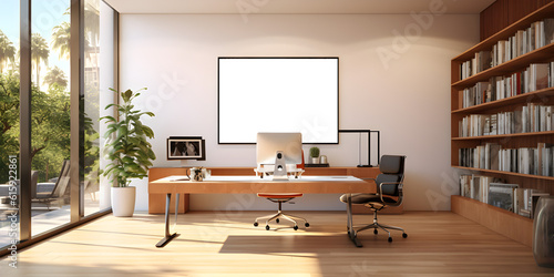 Stylish Modern Home Office with Blank Wall Mockup