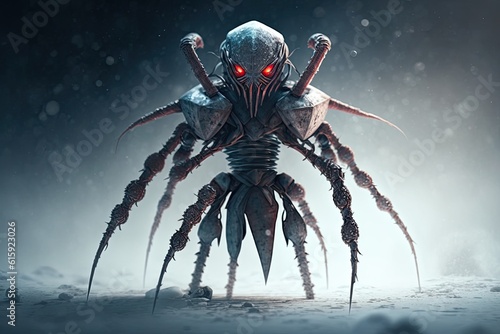 menacing giant spider with red eyes in a snowy landscape. Generative AI
