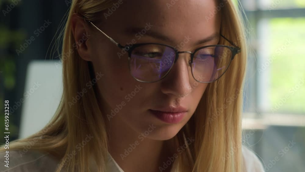 Close up busy Caucasian businesswoman female student girl entrepreneur working with laptop computer work at office focused woman manager executive worker in eyeglasses studying online business project Close up busy Caucasian businesswoman female student girl entrepreneur working with laptop computer work at office focused woman manager executive worker in eyeglasses studying online business project