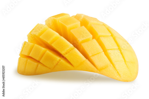 Mango isolated. Mango slice cut to cubes close-up isolated on white background, clipping path included